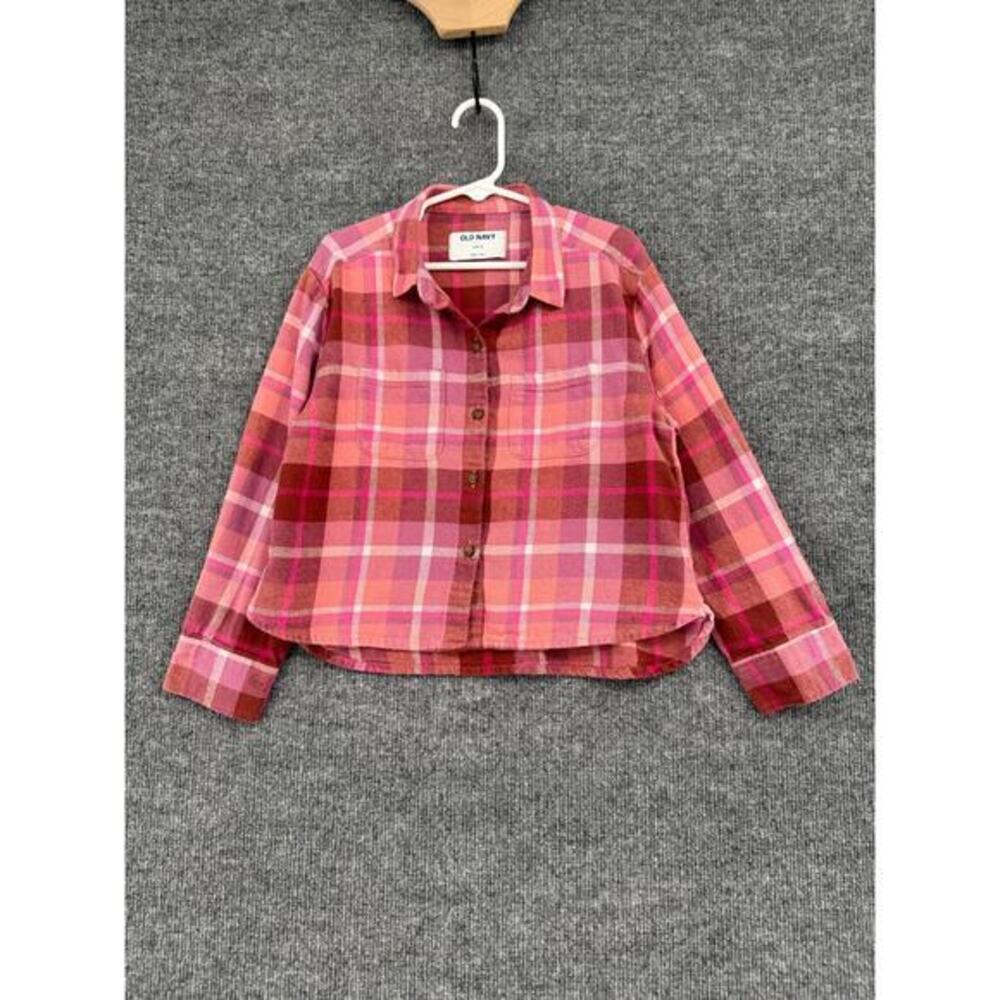 Old Navy Girls Plaid Flannel Button Up Shirt Size 6/7 Pink Cropped Boxy Cotton